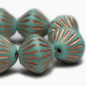 11mm Tribal Bicone Tiffany Green with a Copper Wash