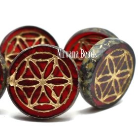18mm Flower Of Life Coin Ruby Red with Picasso Finish and Gold Wash