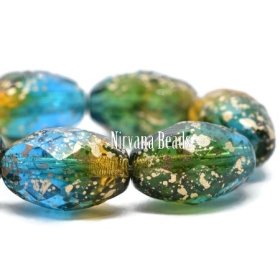 12x8mm Faceted Oval Teal, Yellow, and Green with Etched and Gold Finishes