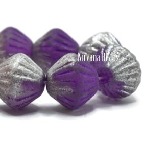 11mm Tribal Bicone Purple Pansy with Etched and Silver Finishes and a Purple Wash