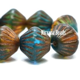 11mm Tribal Bicone Teal, Amber, and Emerald with Metallic Brown Wash