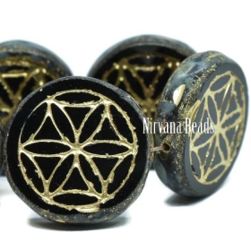18mm Flower Of Life Coin Black with a Picasso Finish and a Gold Wash
