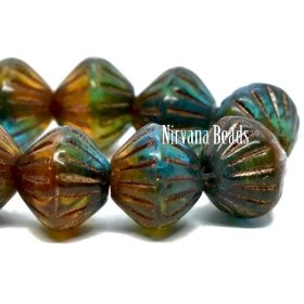 9mm Large Hole Tribal Bicone Teal, Amber and Emerald with a Bronze Finish