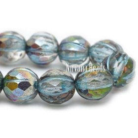 8mm Faceted Melon Transparent Glass with Silver AB Finish and Turquoise Wash