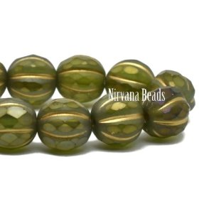 8mm Faceted Melon Avocado with Matte and Gold Luster Finish and Gold Wash