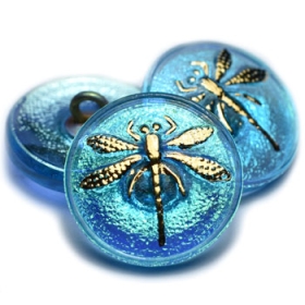 18mm Dragonfly Cabochon Medium Sky Blue with AB Finish and Gold Dragonfly
