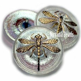 22mm Dragonfly Button Transparent Glass with AB Finish and a Gold Dragonfly
