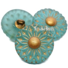 18mm Collarette Flower Button Matte Blue Green with Gold Accents 