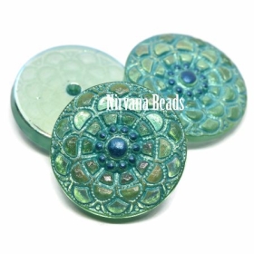 18mm Mandala Cabochon Peridot with Sea Green Wash and Electric Blue Center and AB Finish