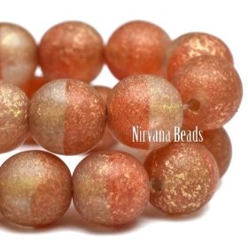 8mm Round Druk Red and Transparent Glass with Etched Finish and Gold Wash