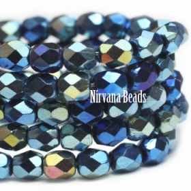 4mm Faceted Round Firepolished Bead Blue Metallic Mix