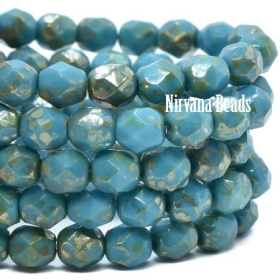 6mm Faceted Round Firepolished Bead Teal with a Golden Bronze Finish