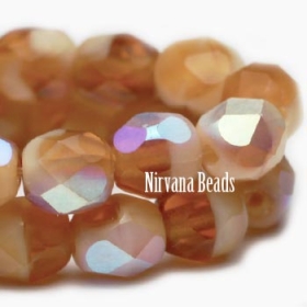 6mm Faceted Round Firepolished Bead Pumpkin and Beige with AB Finish