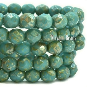 6mm Faceted Round Firepolished Bead Sea Green with Picasso Finish