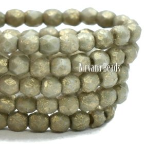 3mm Faceted Round Firepolished Bead Pale Stone with an Etched Finish and Gold Wash