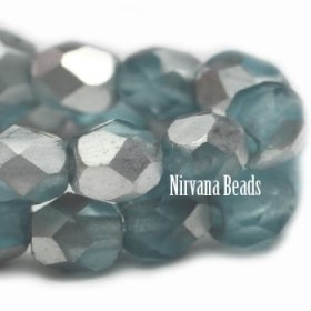 4mm Faceted Round Firepolished Bead Light Slate Blue with Silver Finish.