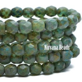 4mm Faceted Round Firepolished Bead Blue Green with Etched and Picasso Finish