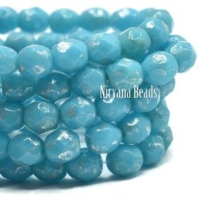 4mm Faceted Round Firepolished Bead Sky Blue with a Picasso Finish